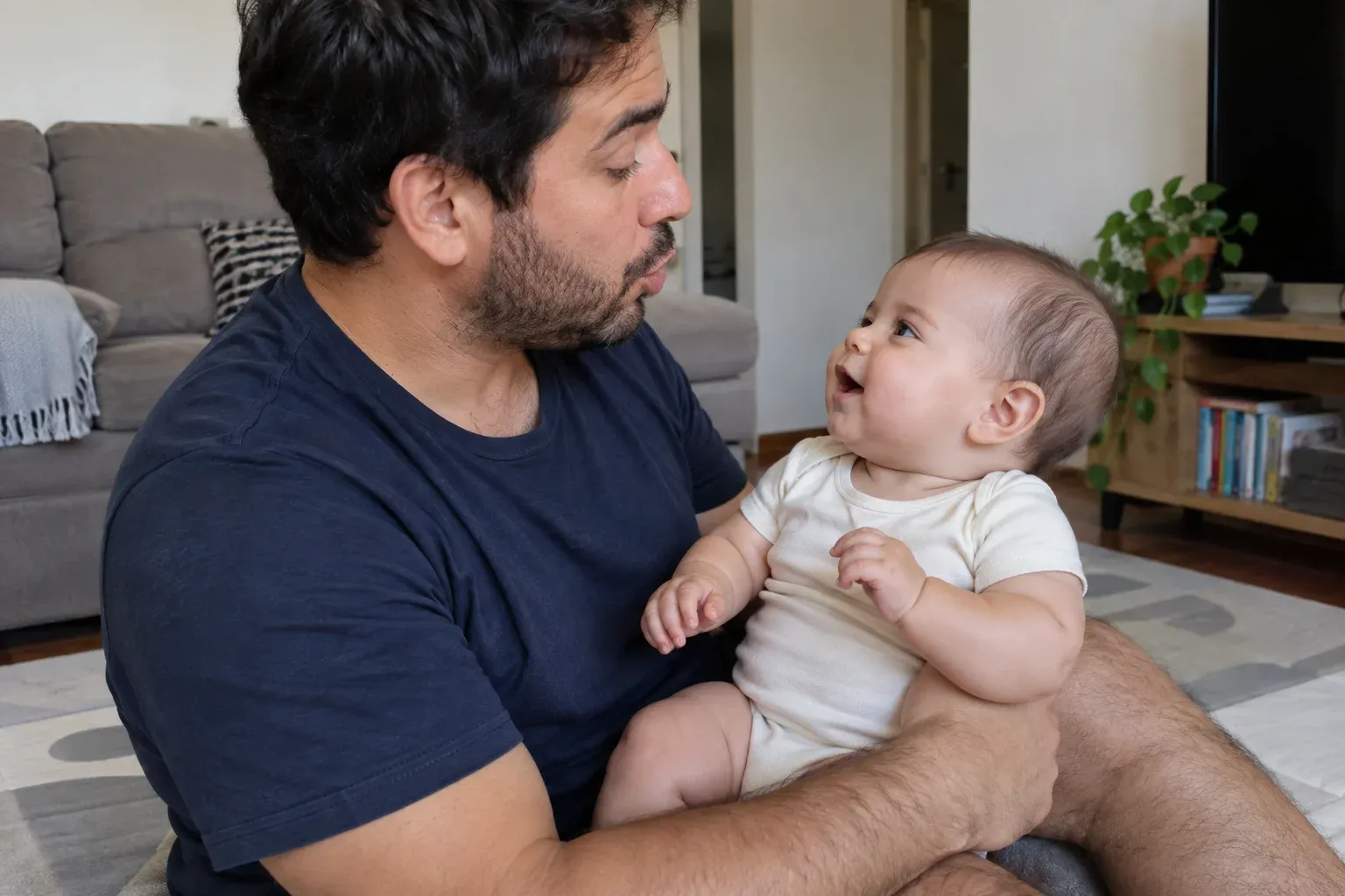 Pai conversando com um bebê acomodado com segurança em seu colo.