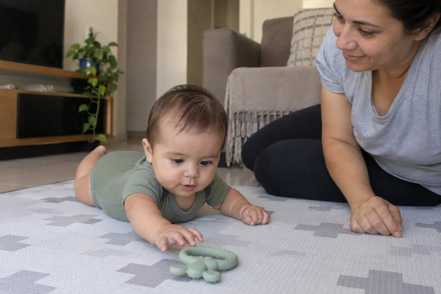 Bebê deitado de barriga para baixo alcançando um brinquedo próximo, com a mãe ao lado.