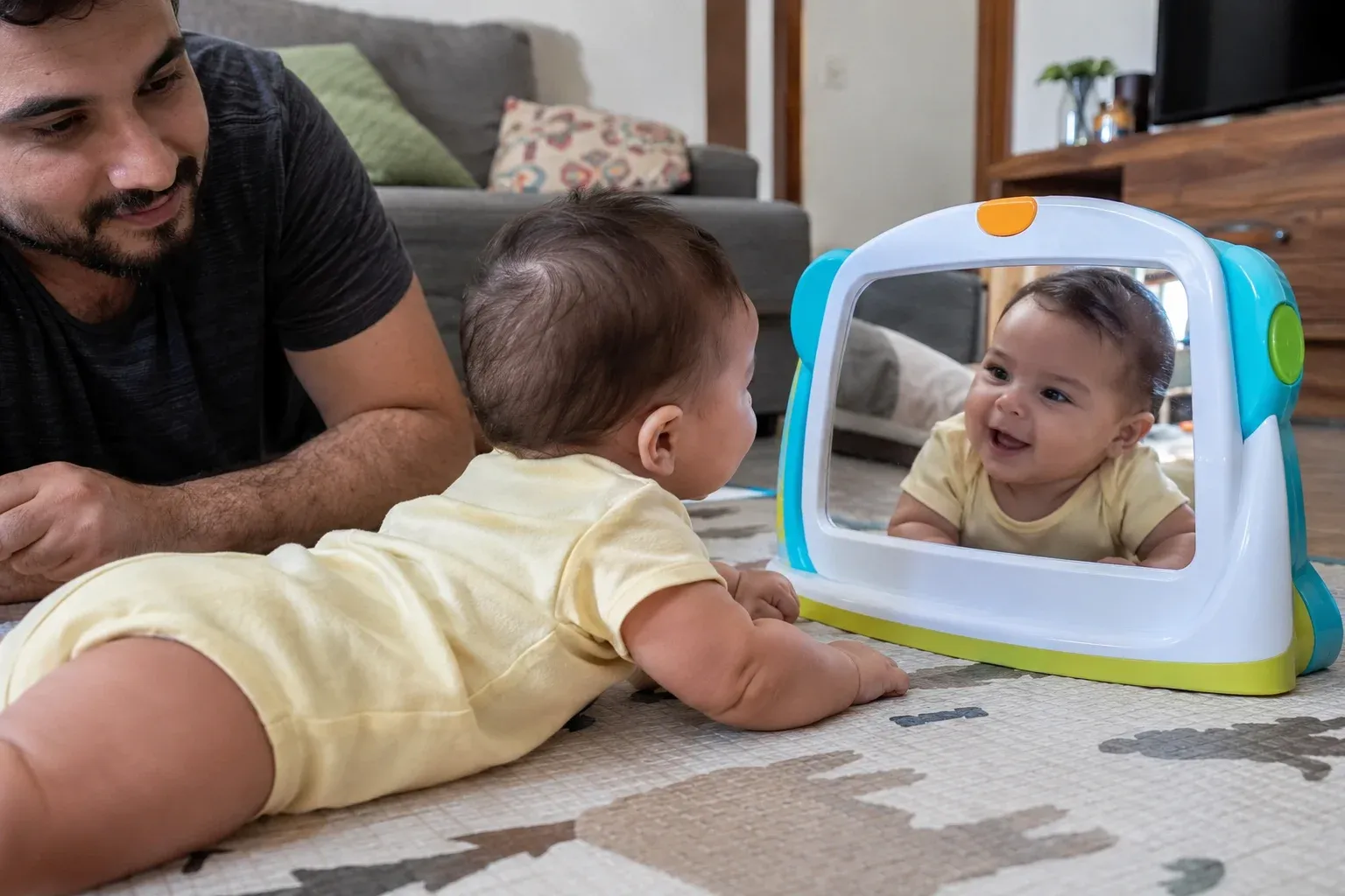 Bebê olhando seu reflexo em um espelho infantil com base larga, acompanhado pelo pai.