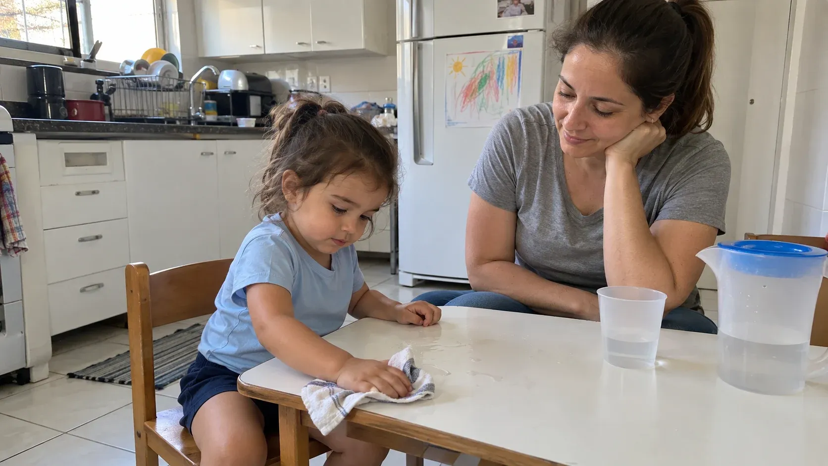 Criança de camiseta azul limpando água derramada na mesa com um pano, enquanto a mãe acompanha com atenção na cozinha.