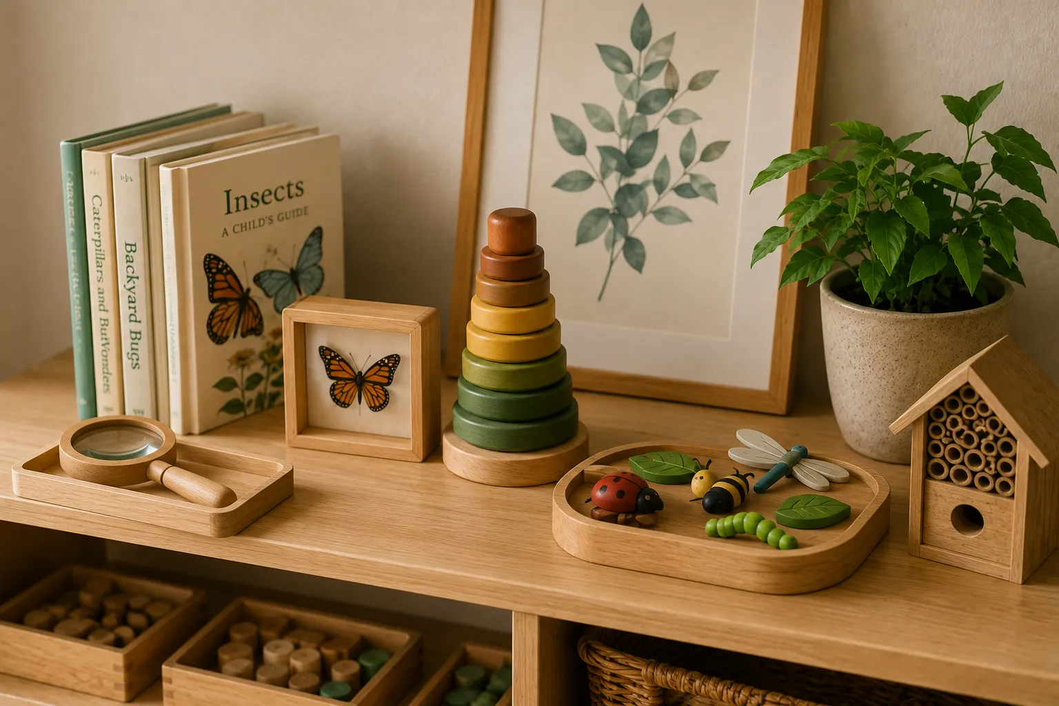 Livros de natureza, um quadro de borboleta, um empilhável de madeira e bandejas pequenas em uma prateleira baixa.